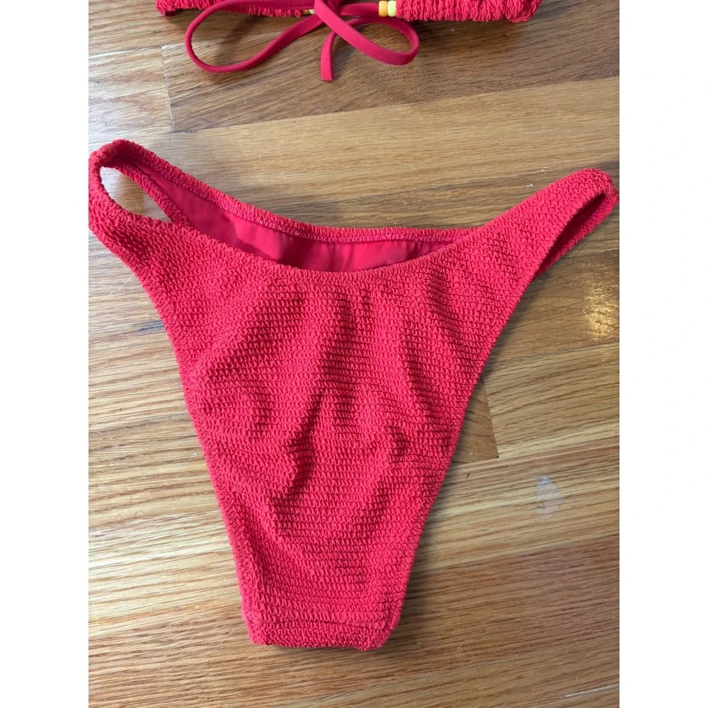 PacSun Swim Red Crinkle Smocked Triangle Bikini Set Beaded Ties Small